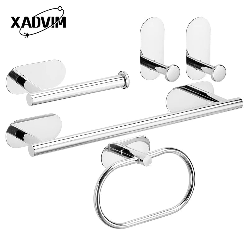 Silver Gold 304 Stainless Steel Towel Bar No Drilling Paper Holder Self-adhesive Towel Ring Robe Hook Bathroom Accessories Set