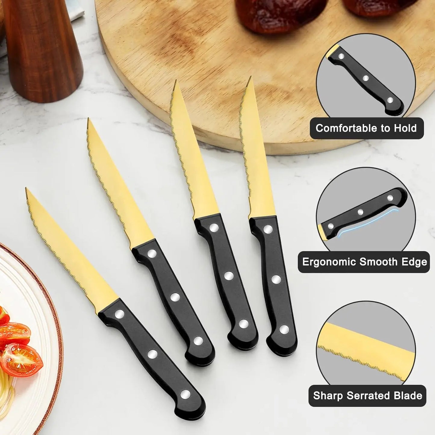 72-Pcs Gold Silverware Sets, Flatware Set with Steak Knives, Stainless Steel Cutlery Set, Include Forks Spoons and Knives Set.