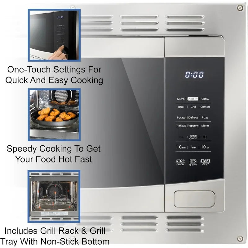 RecPro RV Kitchen Air Fryer & Convection Microwave with Trim Kit | 1.0 Cu. Ft. | 120V | 6 Cooking Modes (Stainless Steel)