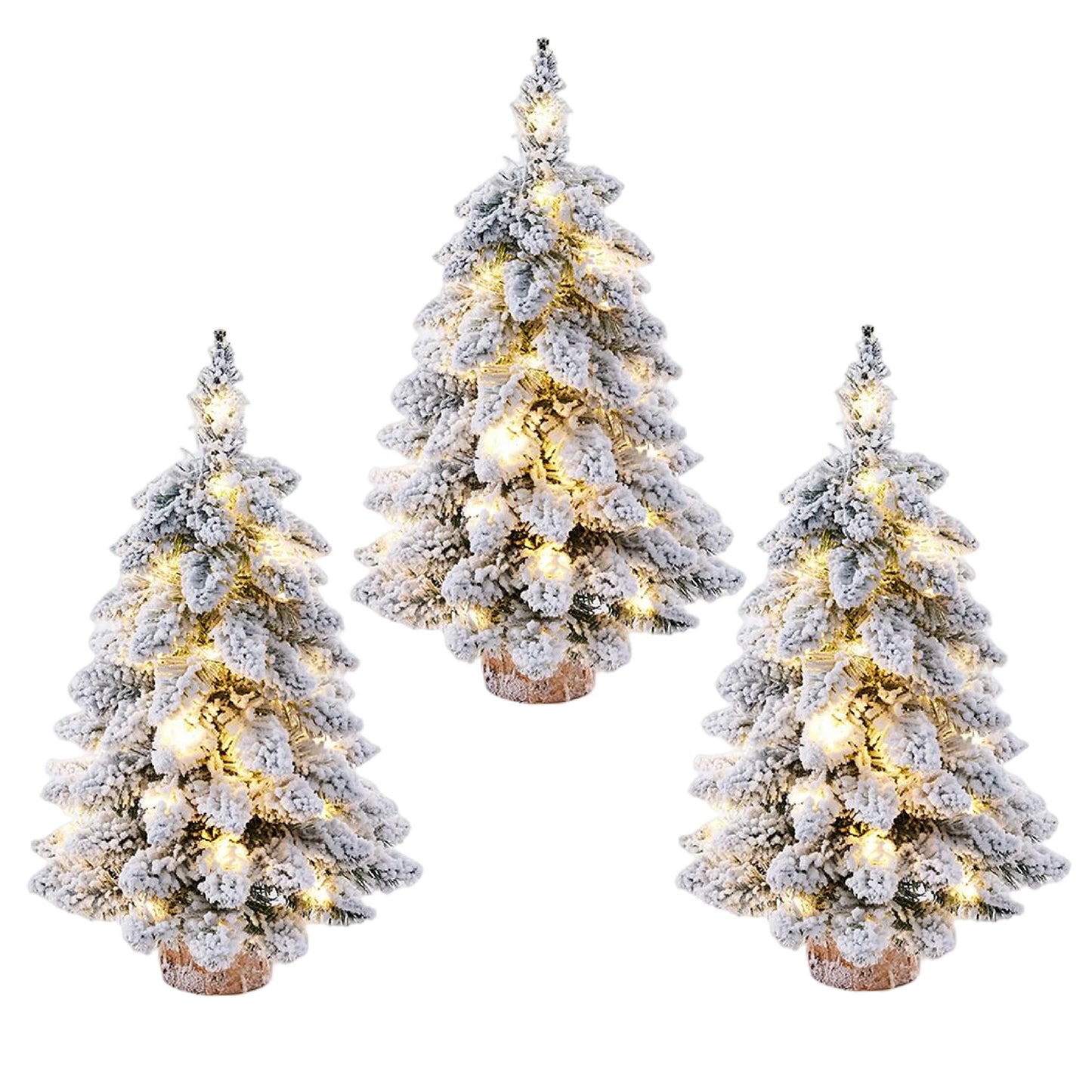 Christmas Flocked Mini Tree With Lights Snowflake Decorations Sturdy Wooden Base For Home Office Desk Winter Holiday Decor