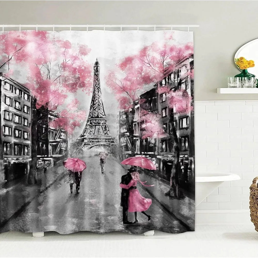 4pcs paris eiffel tower pink shower curtain sets bathroom set decor with non-slip rugs bath u-shaped mat toilet lid cover water