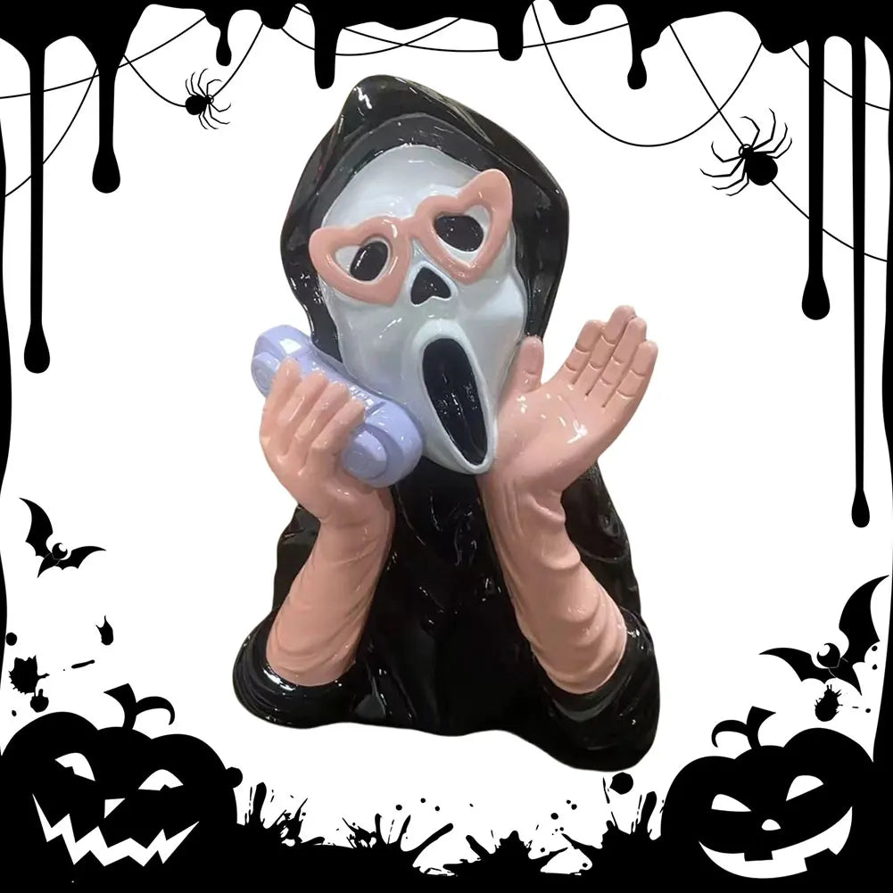 Pink Screaming Face Ghost Figurine Gothic Creative Halloween Resin Ornament Screaming Girl Telephone Ghost Statue Decor