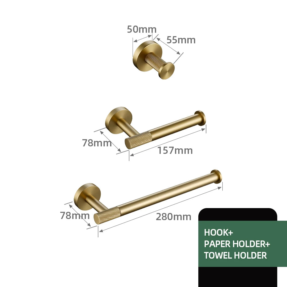 Brushed Gold Bathroom Accessories Towel Bar Bath Robe Hook Brass Knurled Bathroom Hardware Set Shelf for Towels Paper Tissue Hol