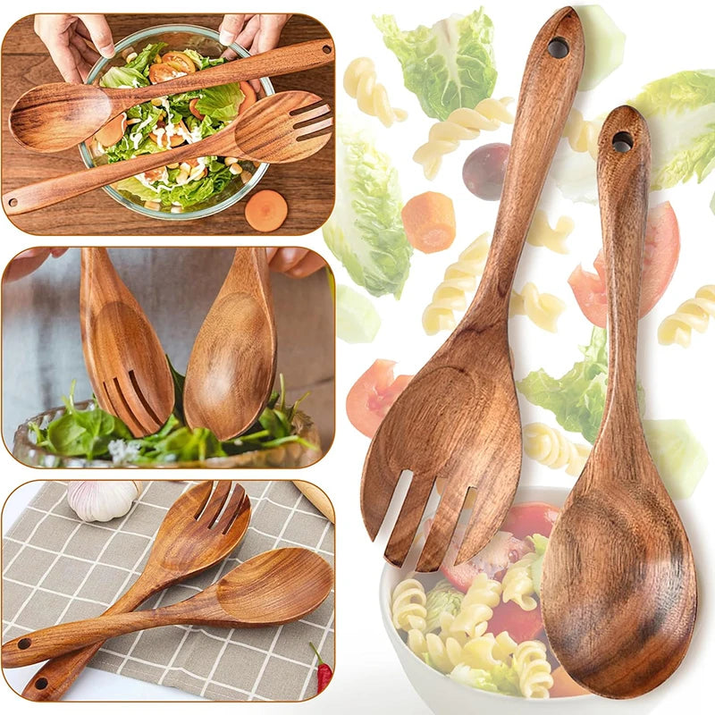 2Pcs Wooden Salad Servers Spoon Fork Set Salad Spoon and Fork Kit Long Handle Serving Salad Scoop Tableware Kitchen Utensil