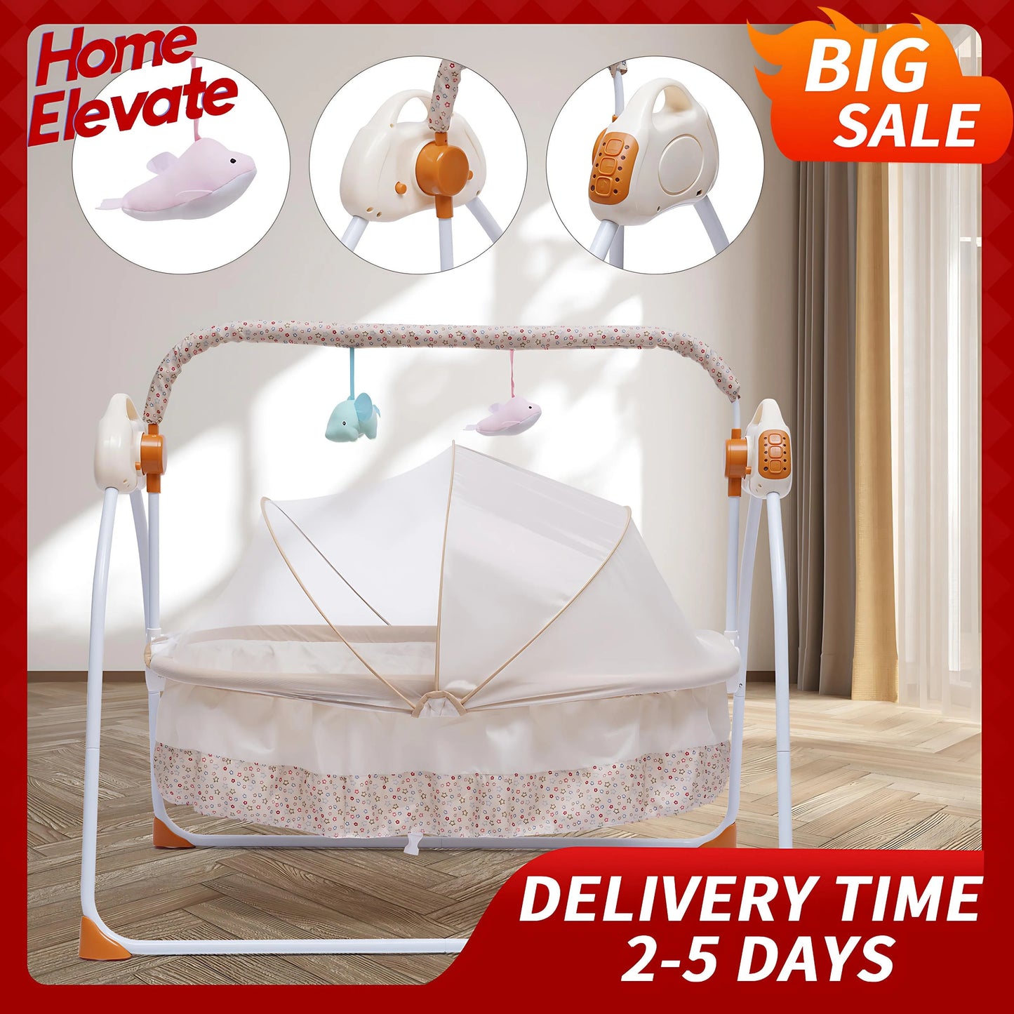 Baby Cradle Swing for Newborns Soothing Sleep Aid with Multiple Functions Remote Control Portable Indoor Outdoor Use Easy Fold