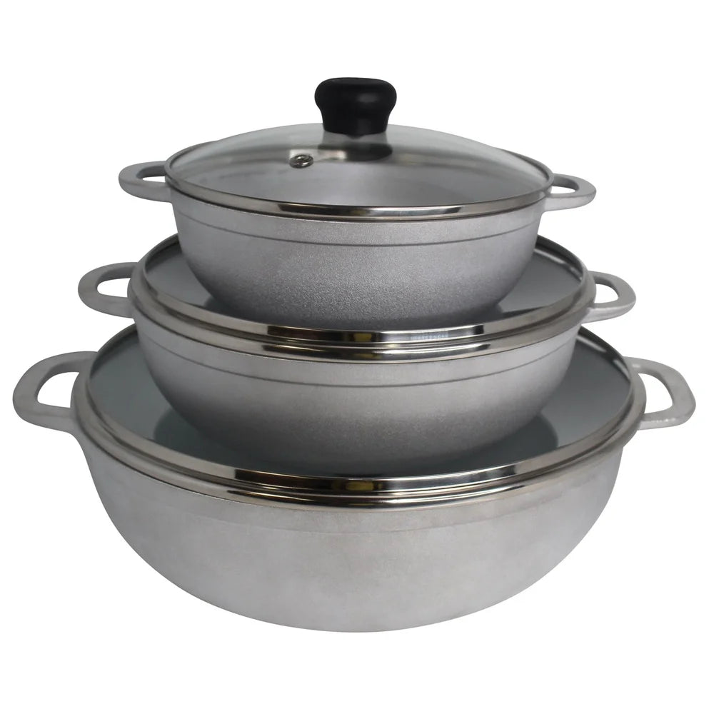 3pc Cast Aluminum Caldero Set with Glass Lid 1.5 2.5 5.2qt Oven Safe Cooking Essential Rice Soups Stews and Sauces