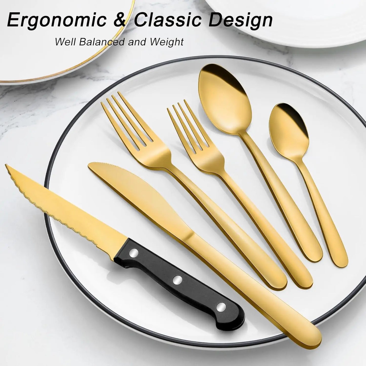 72-Pcs Gold Silverware Sets, Flatware Set with Steak Knives, Stainless Steel Cutlery Set, Include Forks Spoons and Knives Set.