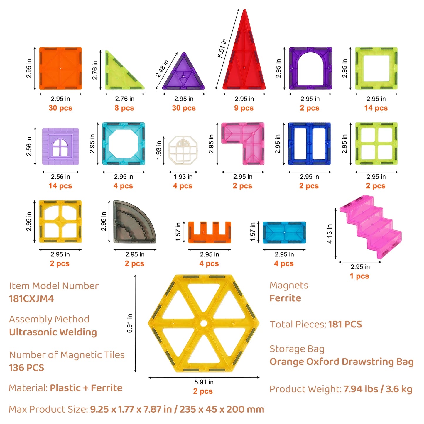 SucceBuy 181PCS Magnetic Tiles for Boys Girls Magnetic Blocks Building Set for Toddlers Educational Toys Kids Montessori Gifts