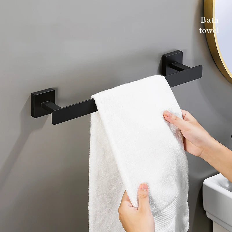 Matte Black Bathroom Accessories Set Wall Mount Towel Bar Towel Ring Roll Paper Holder Robe Hook Stainless Steel Hardware Set