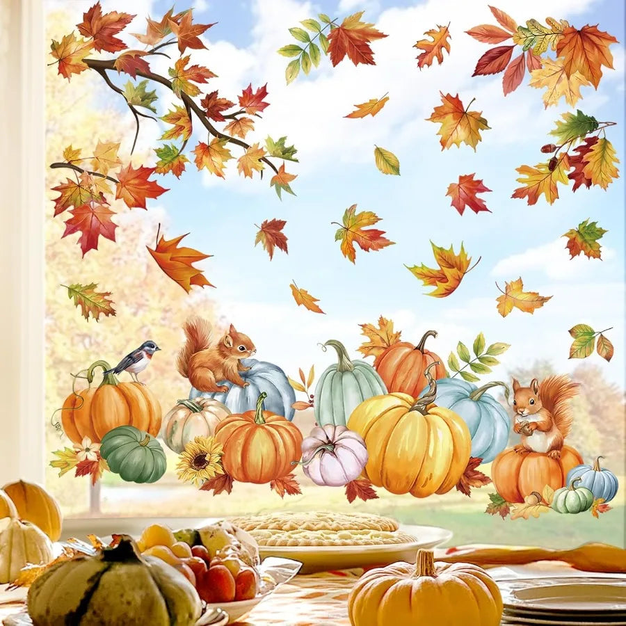 Fall Pumpkin Leaves Window Clings Thanksgiving Autumn Harvest Maple Leaves Glass Sticker Decal Anti Collision DoubleSide Static