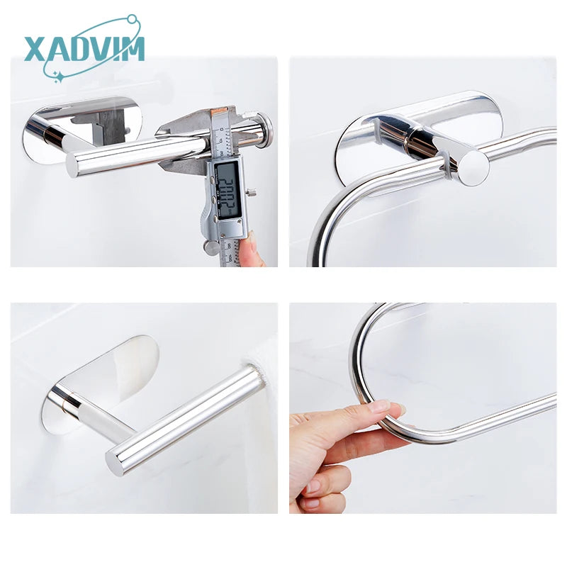 Silver Gold 304 Stainless Steel Towel Bar No Drilling Paper Holder Self-adhesive Towel Ring Robe Hook Bathroom Accessories Set