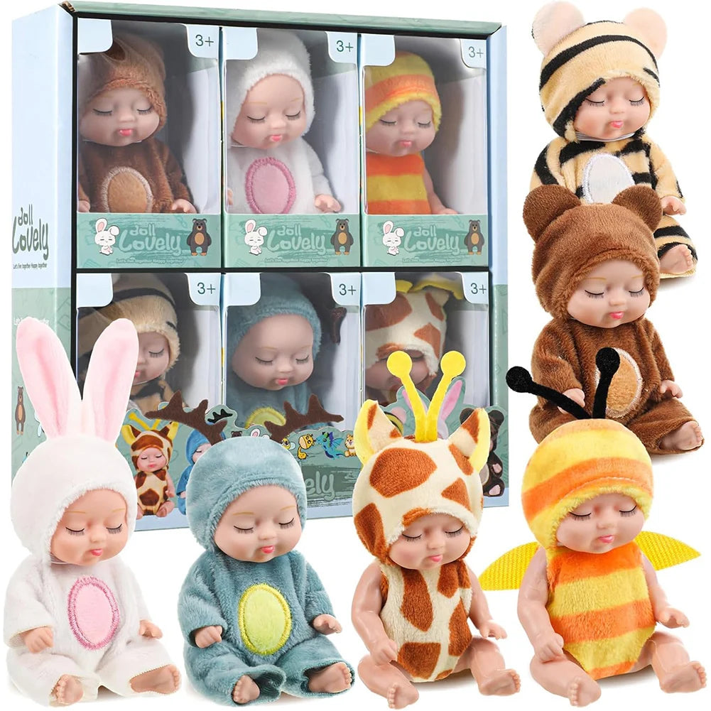 Mini Reborn Doll with Cartoon Animal OP Costumes Cute Cute 4.3inch Sleep Series Reborn Baby Doll Kit Holiday Gift for Children
