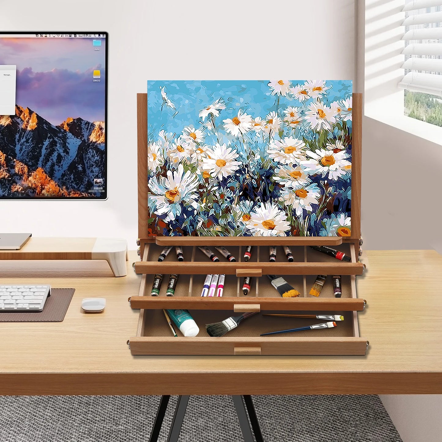 Multi-Function Storage Box Easel, Angle Adjustable, Portable Painting Board Stand with Drawers for Art Tools
