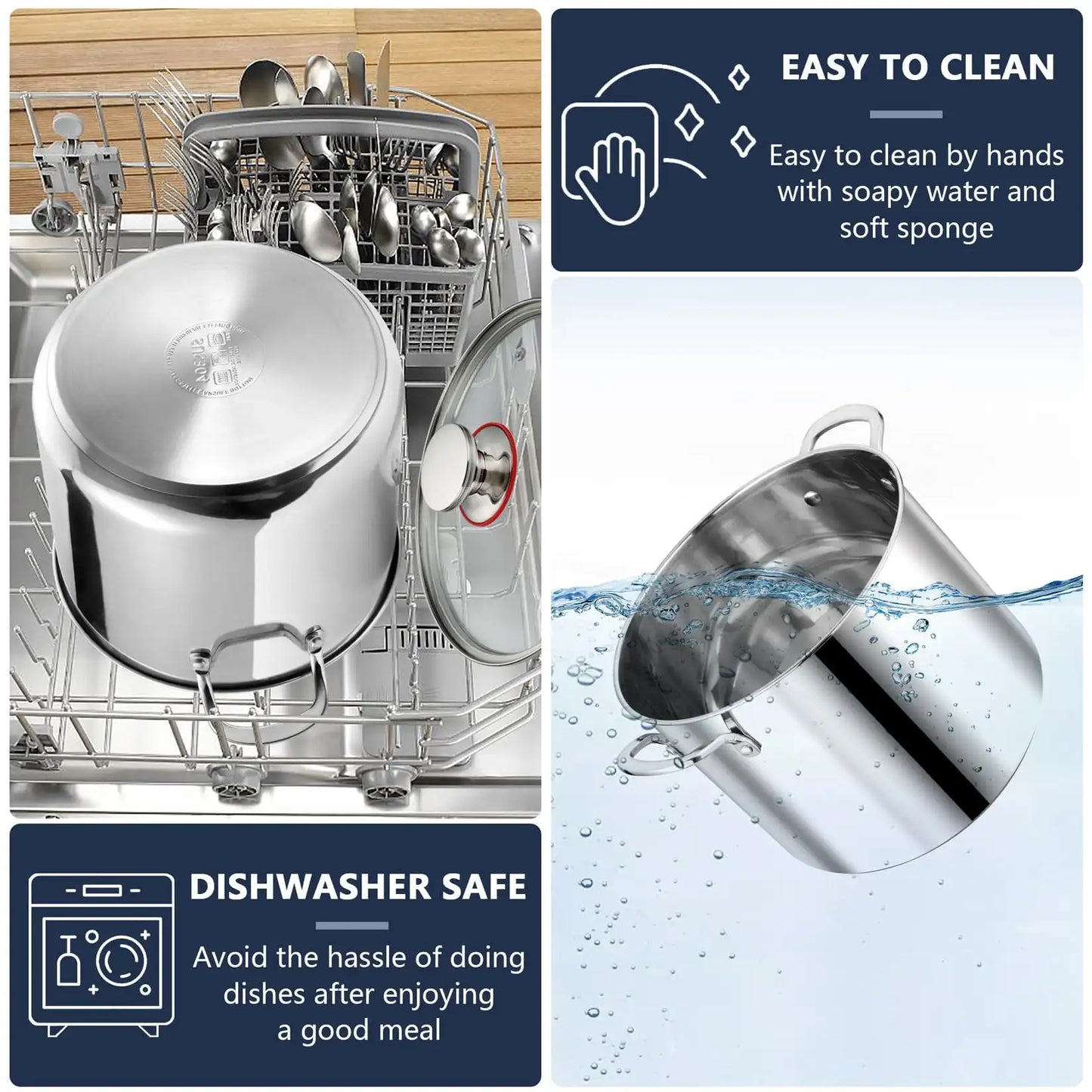 12QT Stainless Steel Stock Pot with Glass Lid, 18/10 Food-Grade Material, 3-Ply Bottom, Induction Compatible, Dishwasher Safe