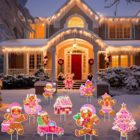 10 Pcs Pink Christmas Gingerbread Man Yard Signs with Stakes Light Up Outdoor Holiday Decorations for Lawn Garden Pathway House