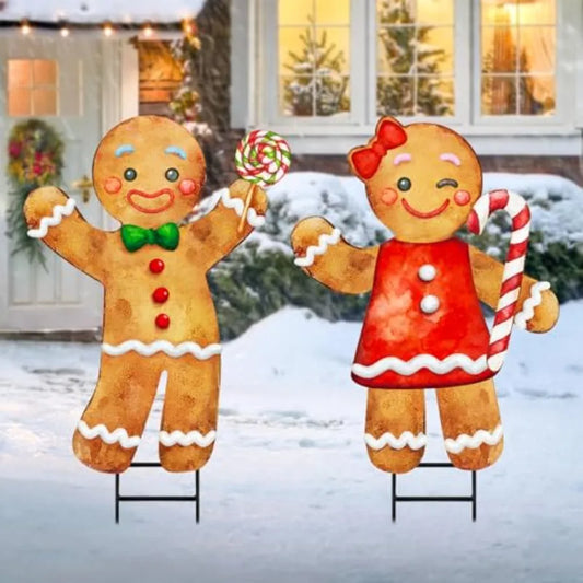 Outdoor Christmas Decorations 2pcs Large Gingerbread Man Boy Girl Metal Yard Stakes for Rustic Winter Lawn Garden Front Door Ho
