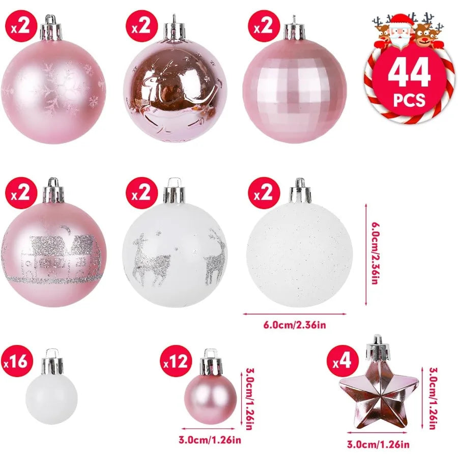 44 Pcs Shatterproof Plastic Christmas Balls Ornaments Set in Pink White for Holiday Party Wedding and Christmas Tree Decoration