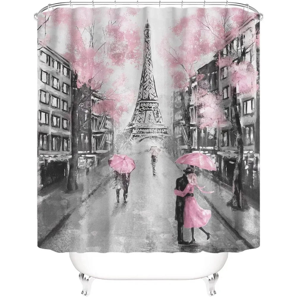 4pcs paris eiffel tower pink shower curtain sets bathroom set decor with non-slip rugs bath u-shaped mat toilet lid cover water