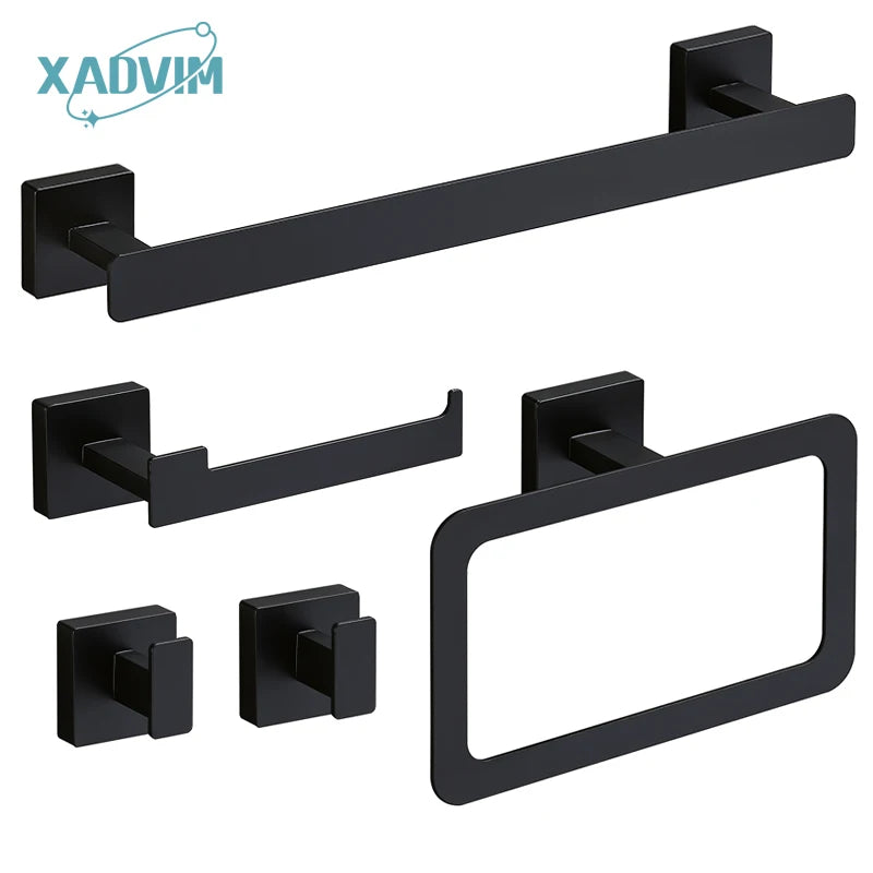 Matte Black Bathroom Accessories Set Wall Mount Towel Bar Towel Ring Roll Paper Holder Robe Hook Stainless Steel Hardware Set