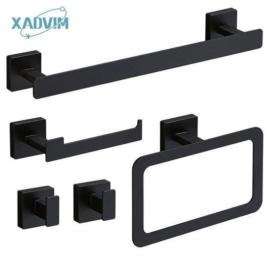 Matte Black Bathroom Accessories Set Wall Mount Towel Bar Towel Ring Roll Paper Holder Robe Hook Stainless Steel Hardware Set