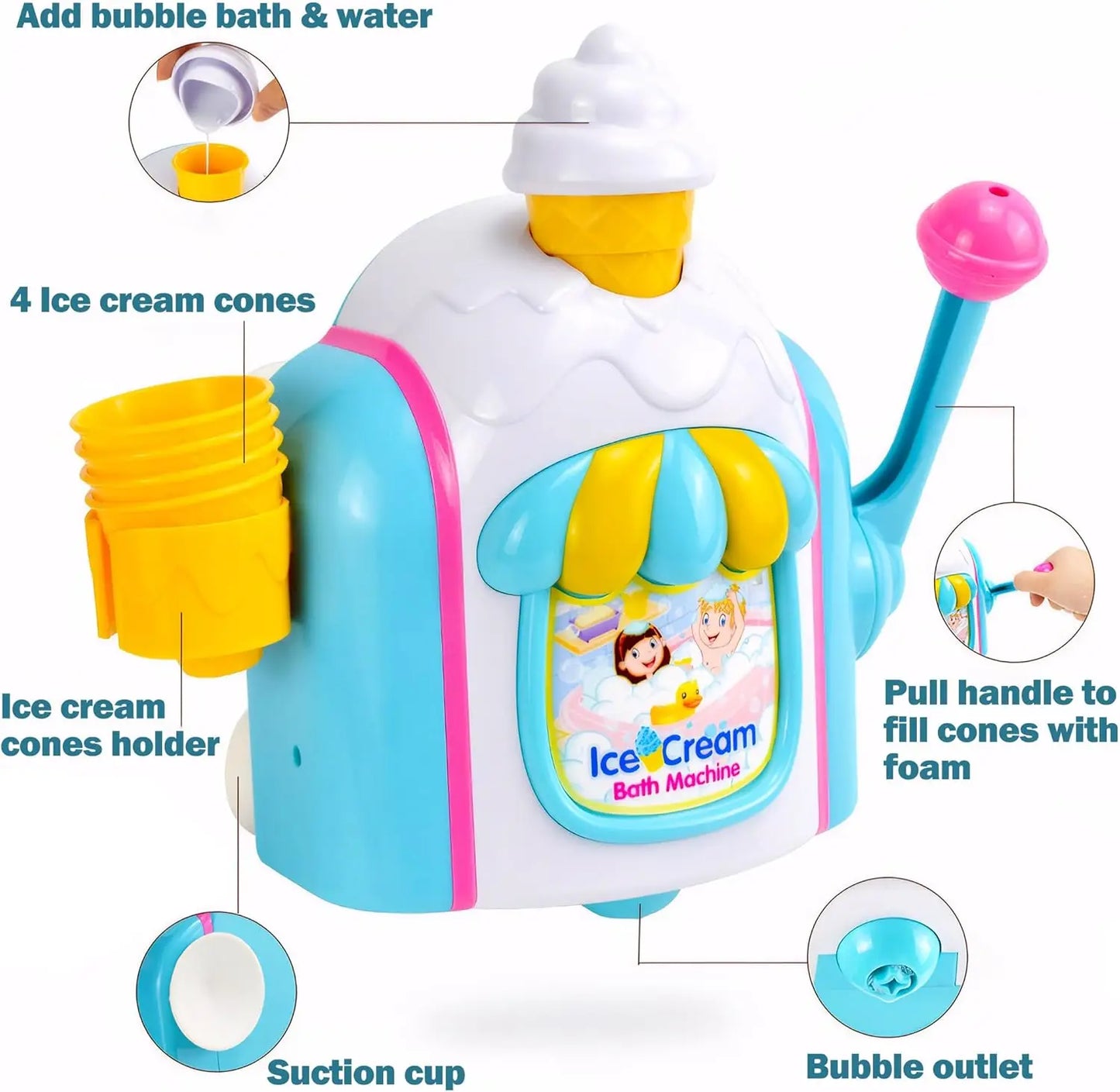 Bath Toys for Toddlers Ages 3-5,Ice Cream Foam Maker Bathtub Toy with Snap Buttons Not Fall,Bathtub Bubble Machine Pretend Cake