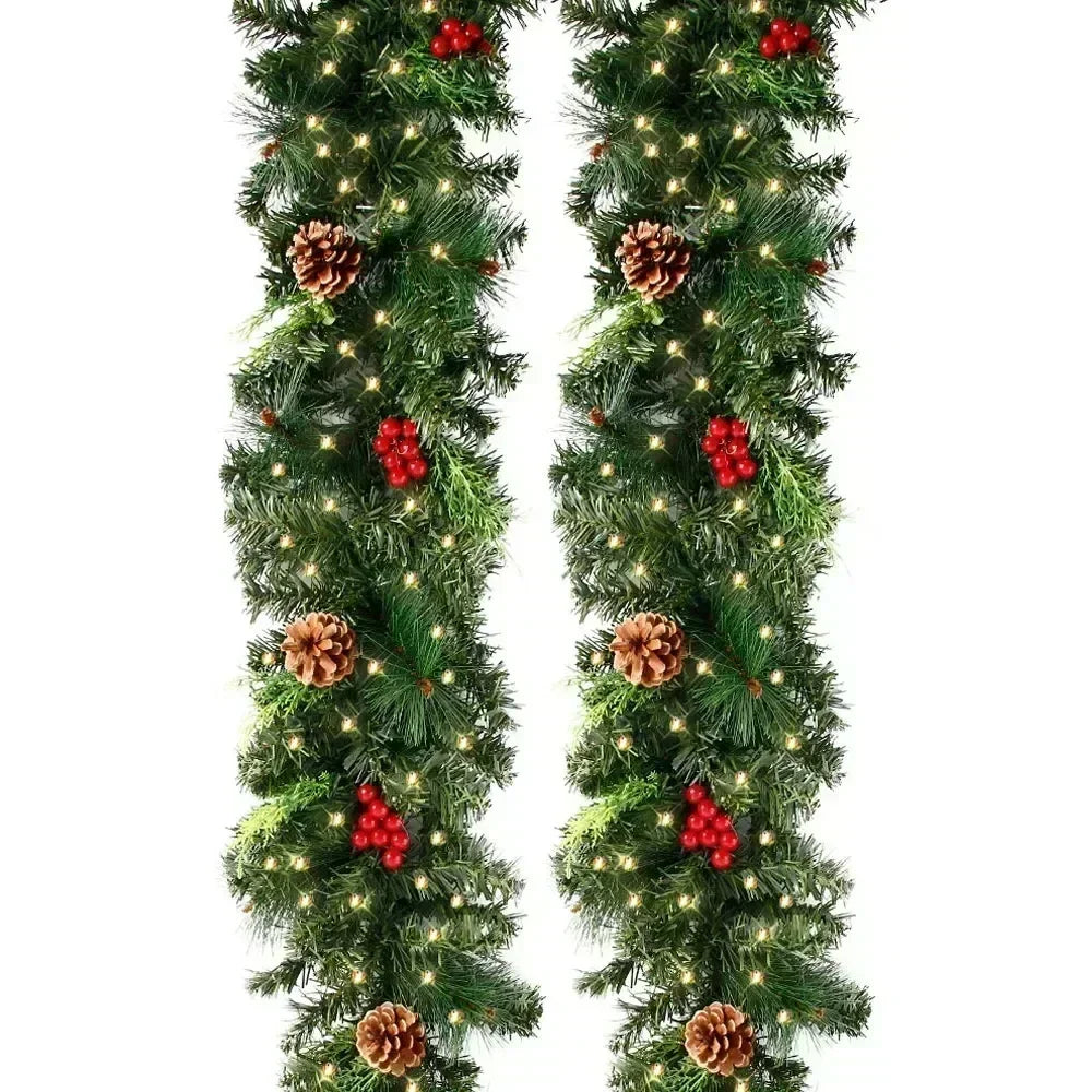 Christmas Rattan Garland Wreath, Artificial LED Decoration with Pinecones Red Berries for Xmas Tree Banner, New Year Home Decor