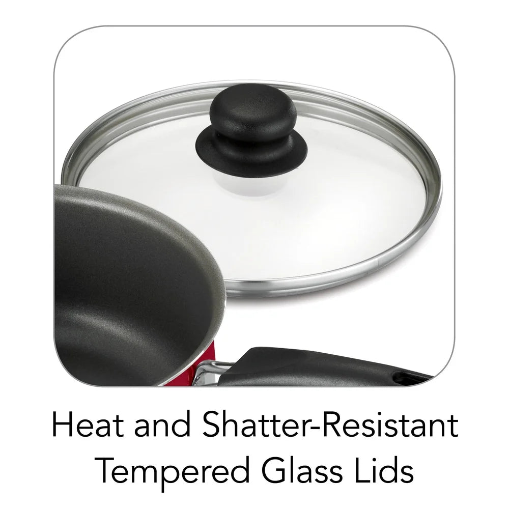 9 Piece Nonstick Cookware Set with Tempered Glass Lids Easy Clean Aluminum Stackable Design Everyday Cooking