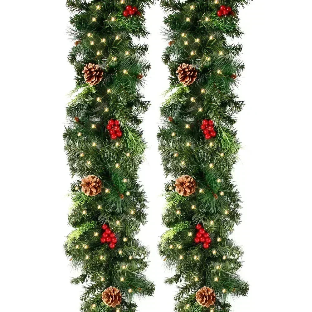 Christmas Rattan Garland Wreath, Artificial LED Decoration with Pinecones Red Berries for Xmas Tree Banner, New Year Home Decor