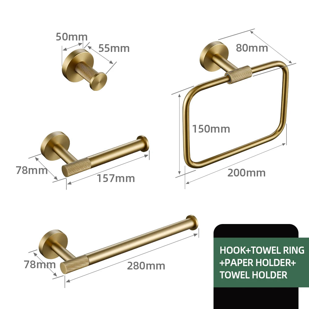 Brushed Gold Bathroom Accessories Towel Bar Bath Robe Hook Brass Knurled Bathroom Hardware Set Shelf for Towels Paper Tissue Hol