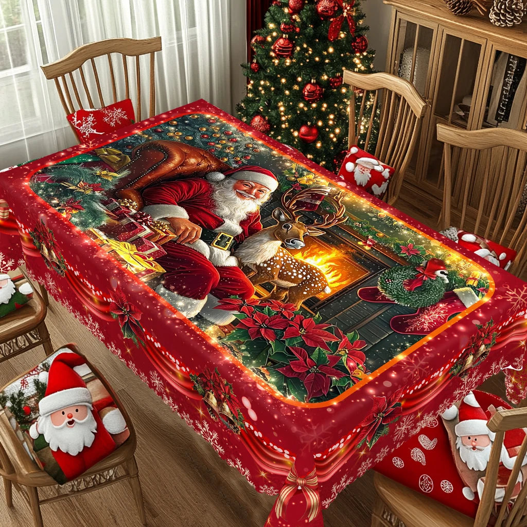 1 Piece of Red Merry Christmas Themed Printed Tablecloth, Retro Country Farmhouse Style, Santa Claus, Christmas Flower Pattern Design for Christmas, New Year Party, Party Decoration, Kitchen Accessories, Room and Outdoor Deco