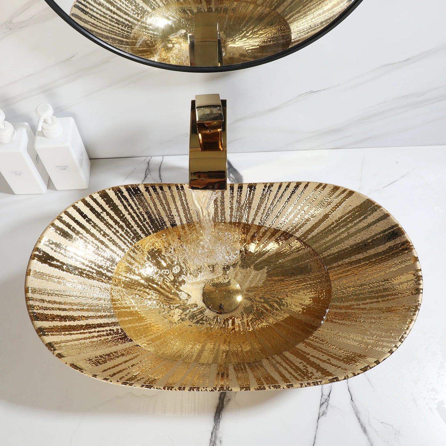 KEMAIDI Big Gold Bathroom Vessel Sink Combos Faucet And Drain Set 24x14 Inch Oval Ceramic Basin Bowl Above Counter Bowl Sinks
