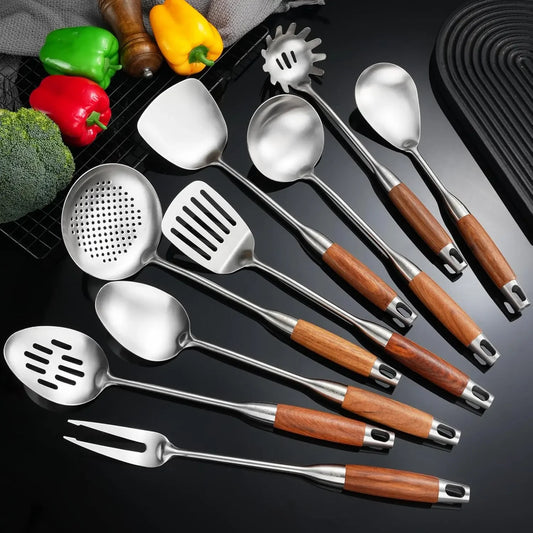 304 Stainless Steel Kitchen Utensils Set with Wooden Handle for Cooking 9 PCS with Solid Spoon, Slotted Spoon, Fork, Spatula