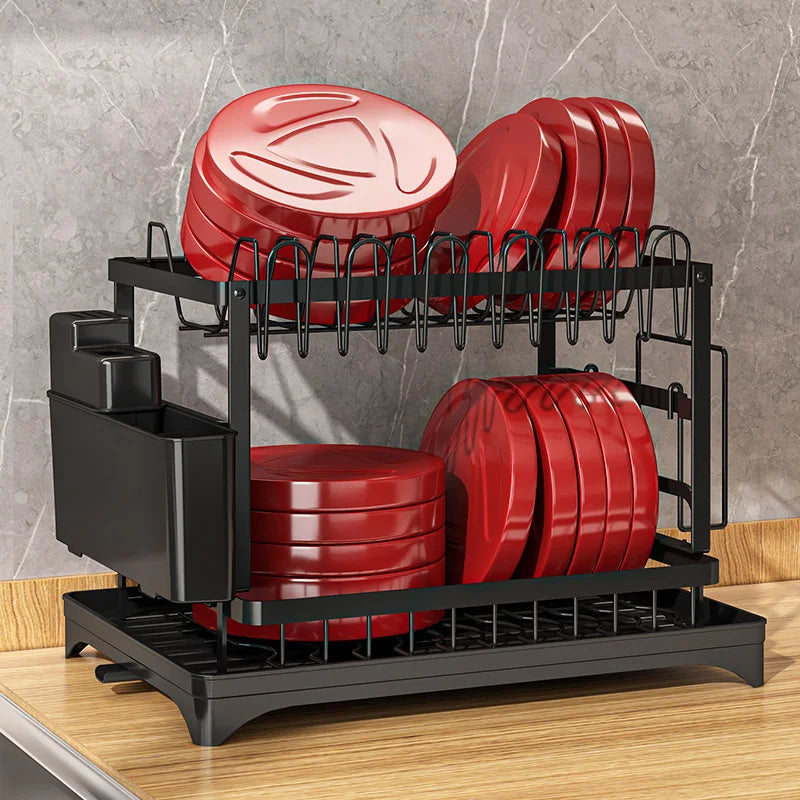 1 set of double-layer bowl and dish storage racks with cup holders, large capacity, suitable for kitchens, restaurants, etc