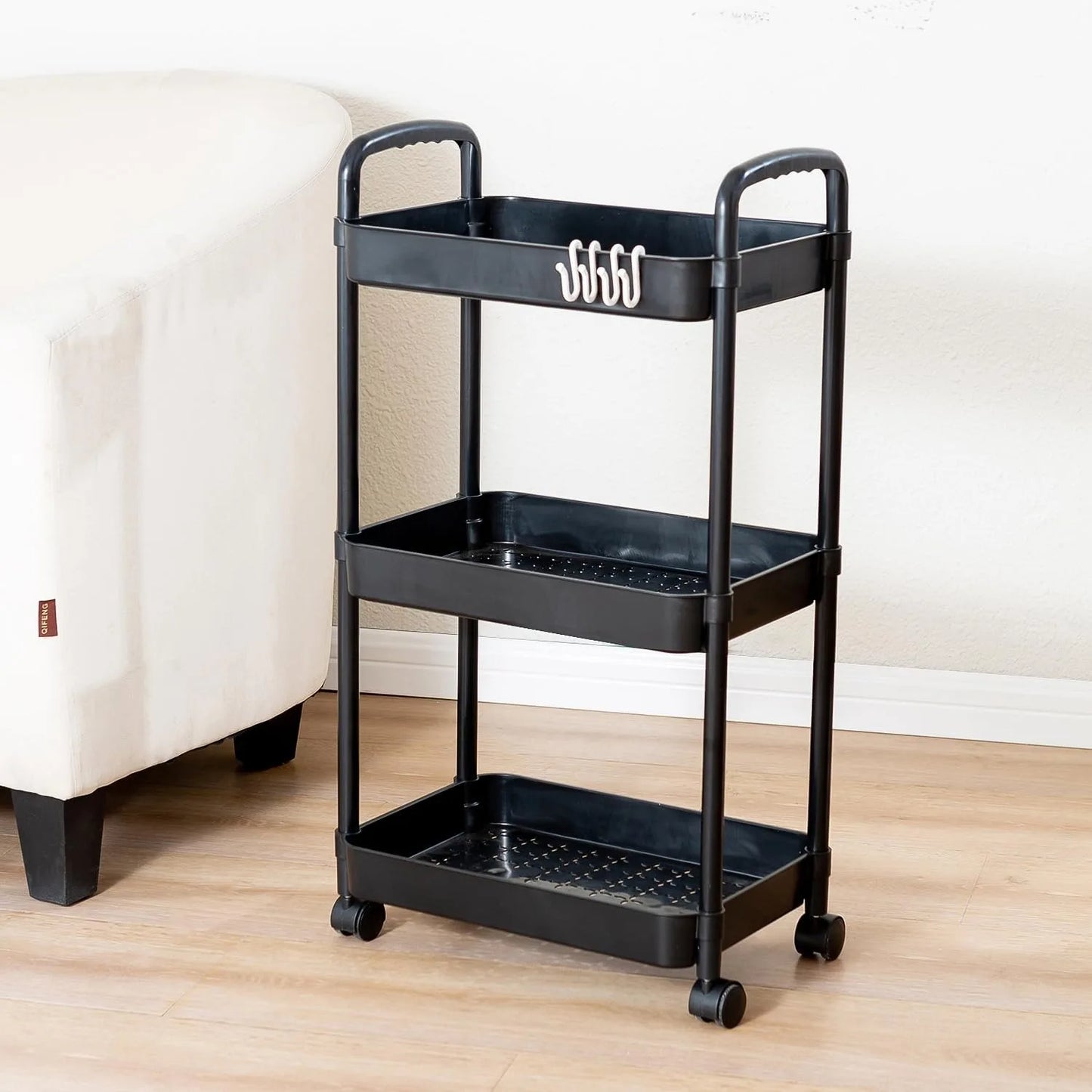3 Tier Rolling Cart with Wheels and Handle,Rolling Storage Cart for Office, Living Room, Laundry Room,Kitchen,Bathroom,Black