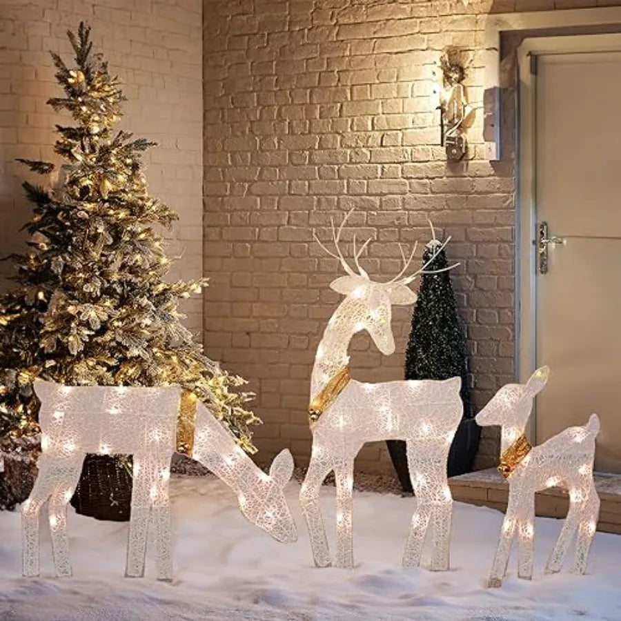 Christmas Outdoor Decoration 3Piece Lighted 2D Reindeer Family with 60 Lamps PreLit Light Up Deer Set Waterproof