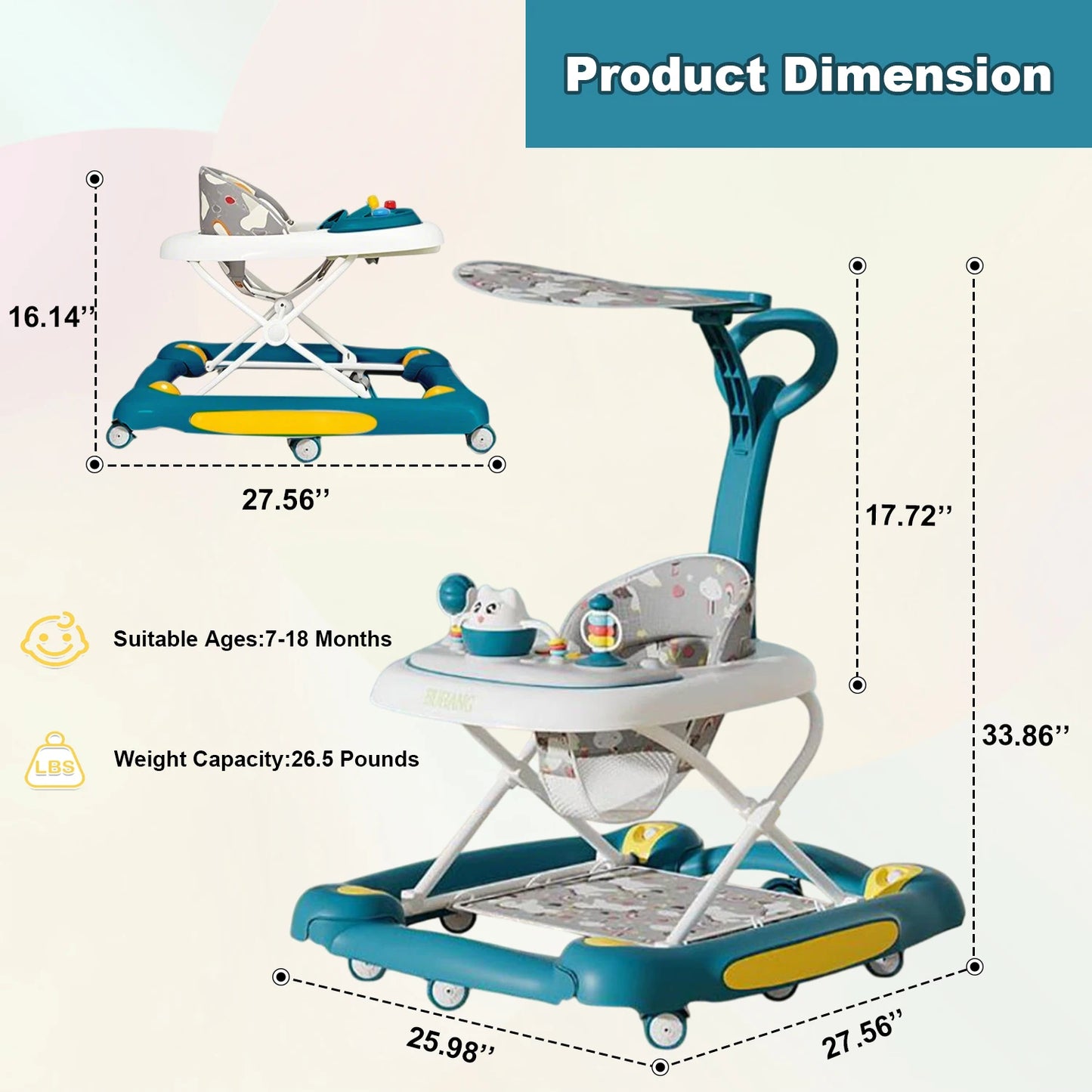 Baby Multi-Functional Comfortable Walker With Awning Anti-Rollover Baby Walker Can Sit Adjust And Shake The Walker For Boy Girls