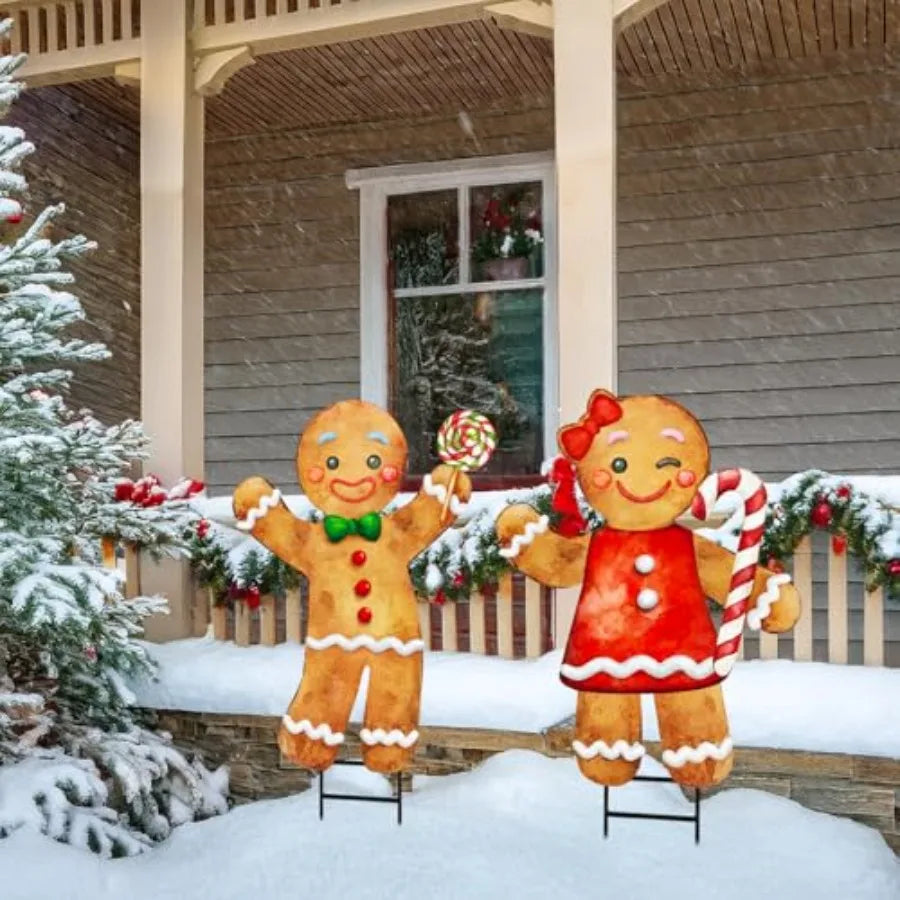 Outdoor Christmas Decorations 2pcs Large Gingerbread Man Boy Girl Metal Yard Stakes for Rustic Winter Lawn Garden Front Door Ho