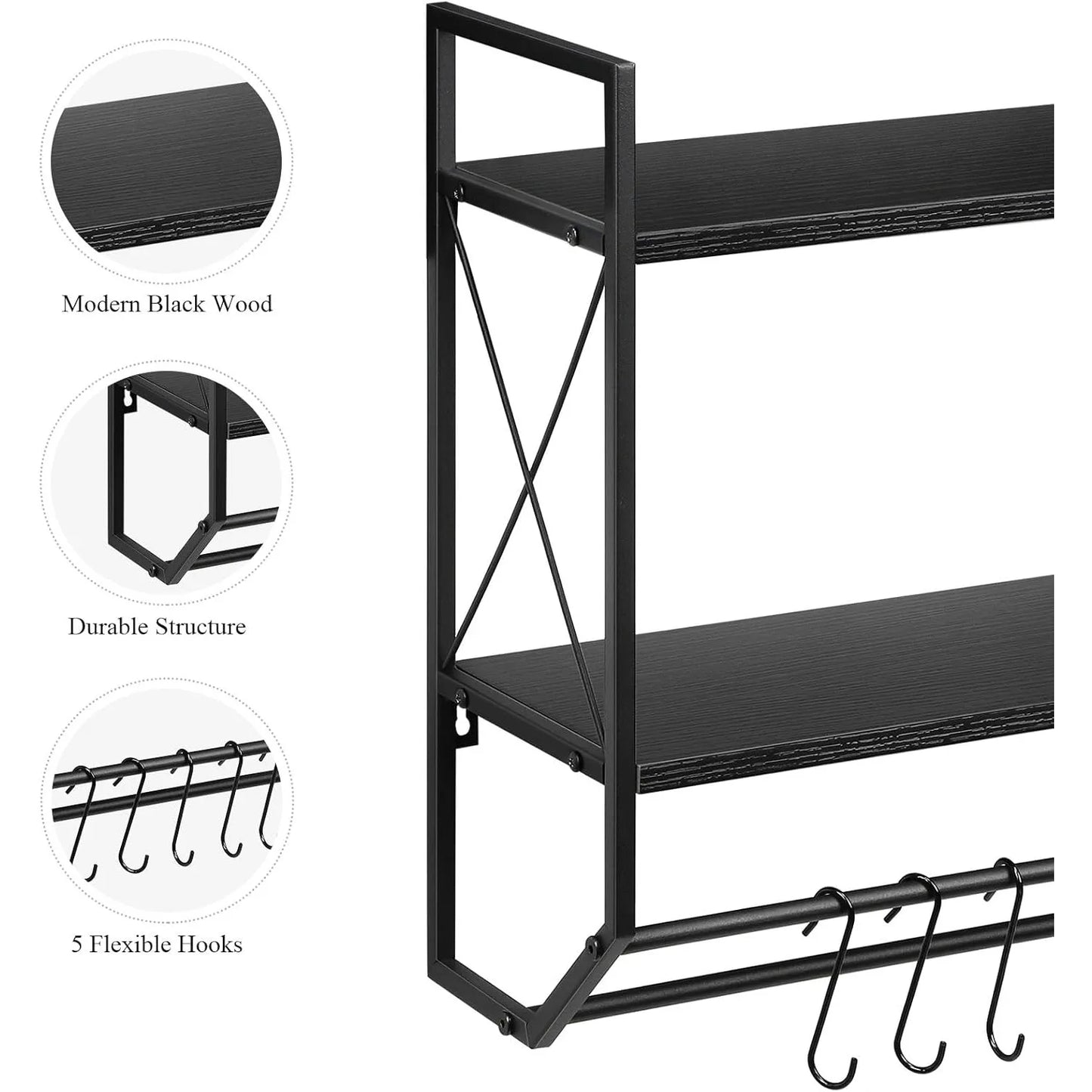 Space Saving 2-Tier Towel Rack Over Toilet, Industrial Wall Shelf w/ Bar & Hooks, Bathroom Storage Organizer Modern Black