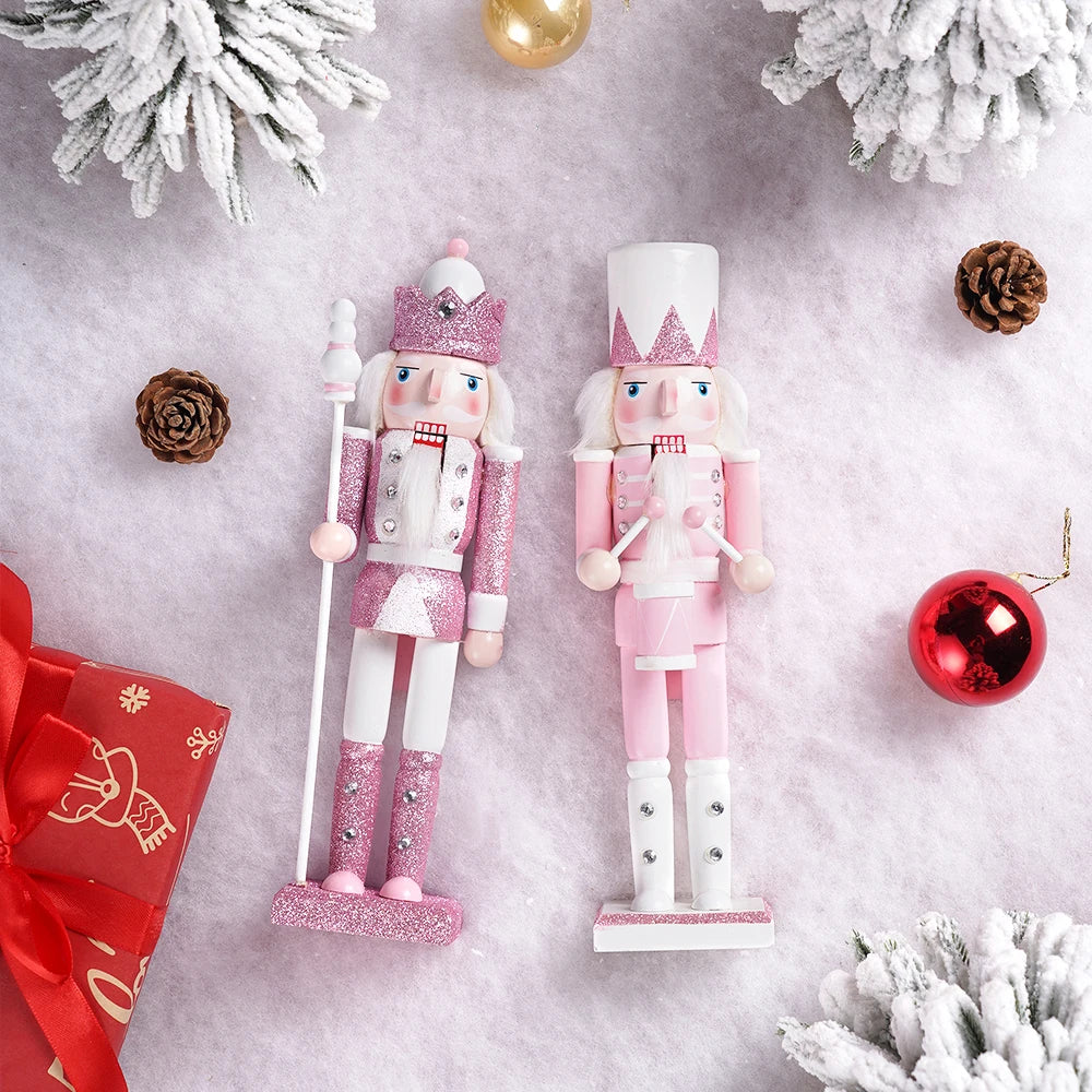30CM Pink Glitter Nutcracker Soldier Wooden Puppet Handmade Christmas Decor Home Office Ornament Holiday Gift Stocking Stuffer