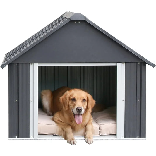 34 X 38 X 35 Inch Metal Dog House, Indoor Outdoor Doghouse for Medium Large Dogs, Weatherproof Puppy Shelter, Sturdy and Long-La