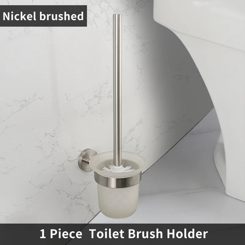 Brushed Nickel Bathroom Accessories Towel Bar Hooks Towel Rack Shelving Roll Paper Holder Toilet Brush Soap Dish Glass Shelf