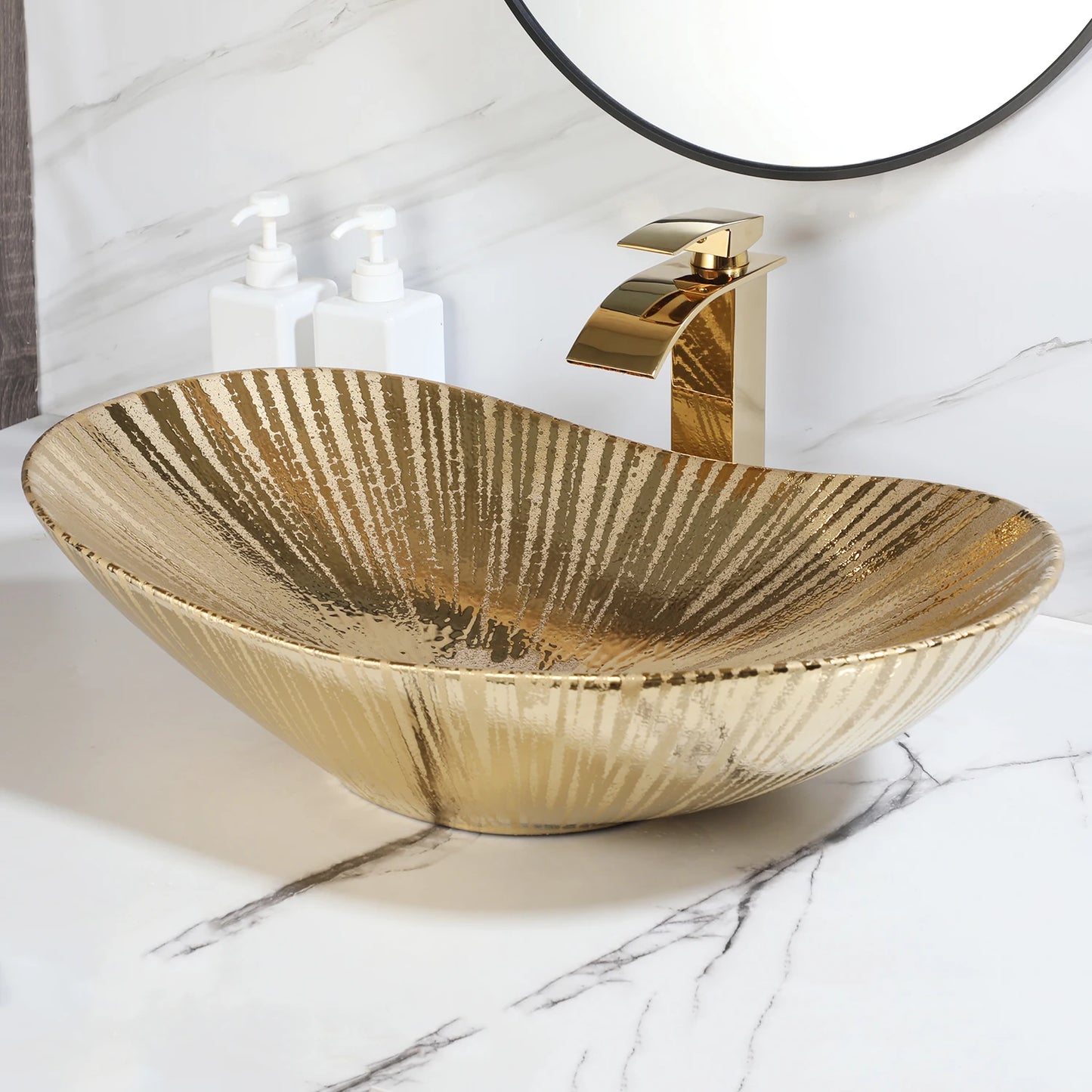 KEMAIDI Big Gold Bathroom Vessel Sink Combos Faucet And Drain Set 24x14 Inch Oval Ceramic Basin Bowl Above Counter Bowl Sinks