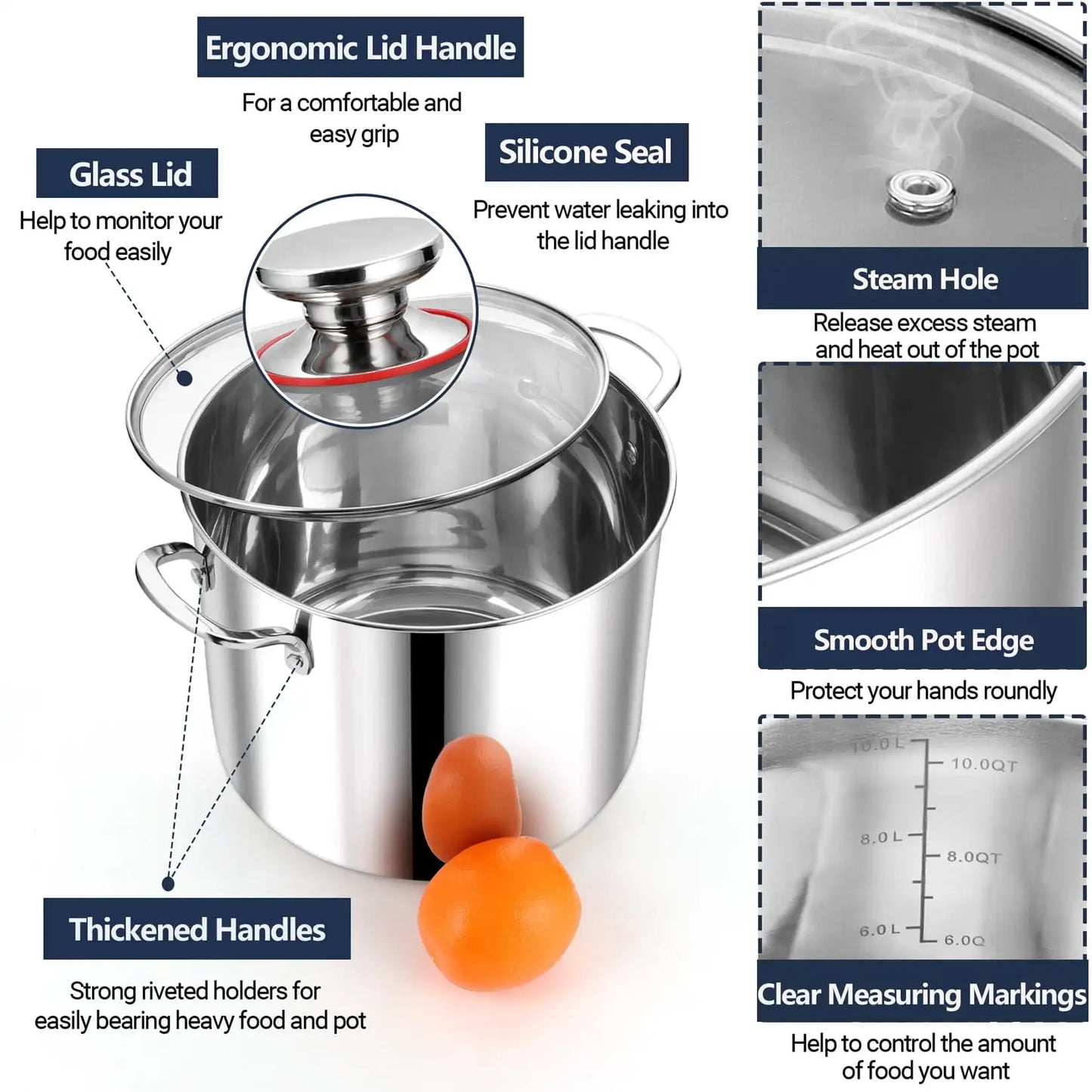 12QT Stainless Steel Stock Pot with Glass Lid, 18/10 Food-Grade Material, 3-Ply Bottom, Induction Compatible, Dishwasher Safe