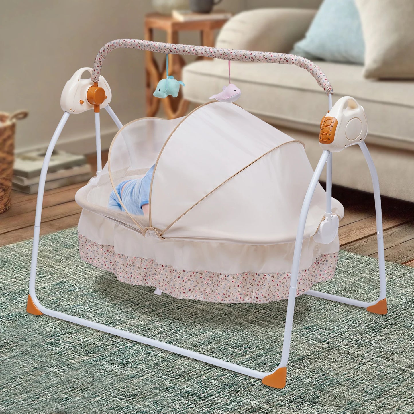 Baby Cradle Swing for Newborns Soothing Sleep Aid with Multiple Functions Remote Control Portable Indoor Outdoor Use Easy Fold