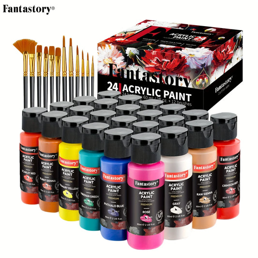 Fantastory 60ml Acrylic Paint Set, Professional Craft Paint With 12 Brushes, Glass/Stone/Wood Painting, Craft Supplies
