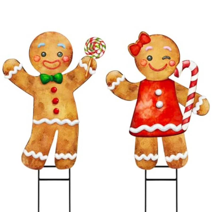 Outdoor Christmas Decorations 2pcs Large Gingerbread Man Boy Girl Metal Yard Stakes for Rustic Winter Lawn Garden Front Door Ho