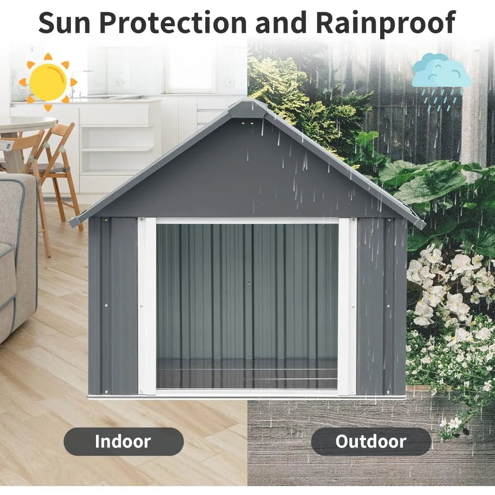 34 X 38 X 35 Inch Metal Dog House, Indoor Outdoor Doghouse for Medium Large Dogs, Weatherproof Puppy Shelter, Sturdy and Long-La