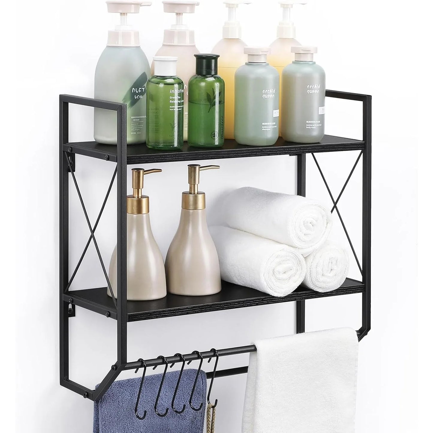 Space Saving 2-Tier Towel Rack Over Toilet, Industrial Wall Shelf w/ Bar & Hooks, Bathroom Storage Organizer Modern Black