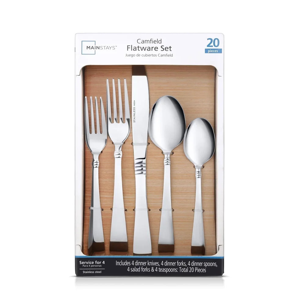 20 Piece Stainless Steel Flatware Set Dining Includes Knives Forks Spoons Salad Teaspoons Elegant Durable Complete Cutlery Set