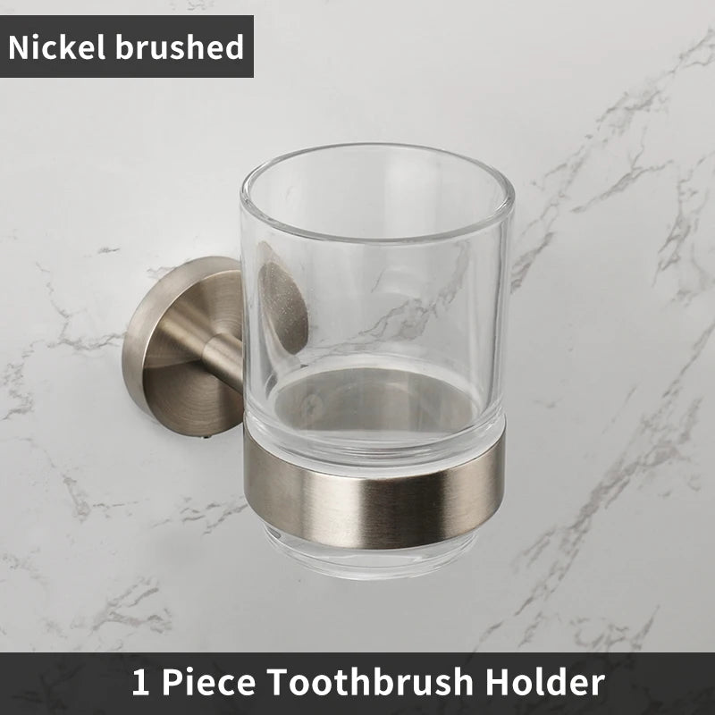 Brushed Nickel Bathroom Accessories Towel Bar Hooks Towel Rack Shelving Roll Paper Holder Toilet Brush Soap Dish Glass Shelf